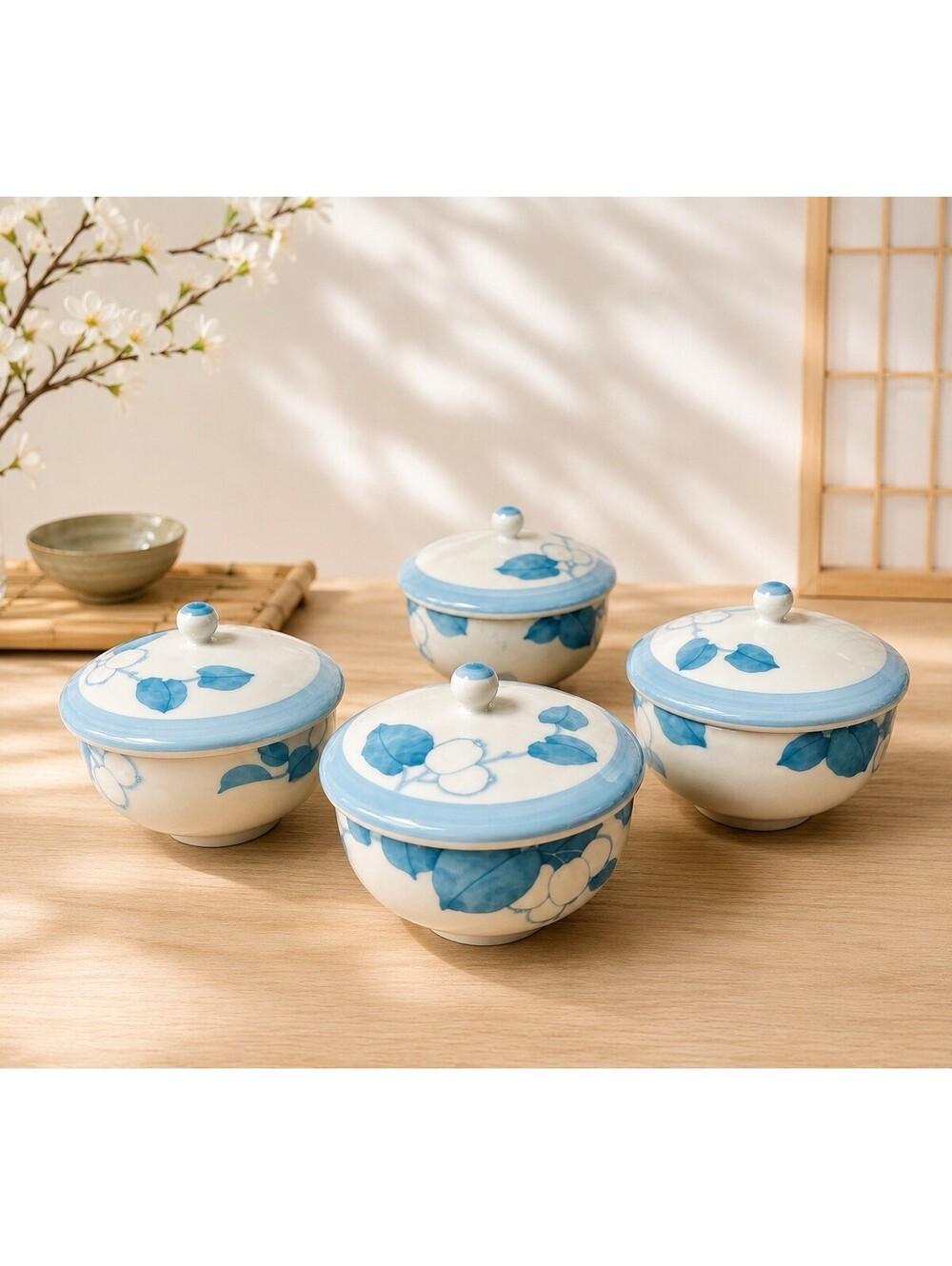Noritake 1970s 4 Lidded Teacups + 1 Cup Tsuyuzome Persimmon Sometsuke, 3.5x3”